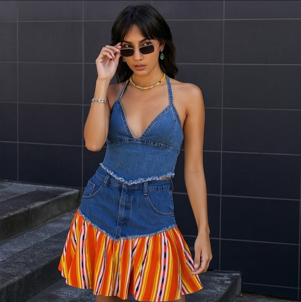 Pop 84 Upcycled Denim Skirt Y2K Retro Mini Festival Vibes 32 W Vintage